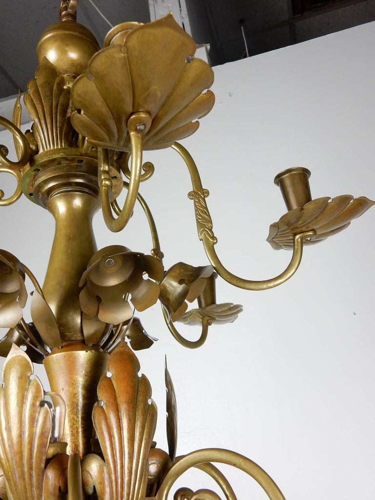 1930s Mexican Organic Bronze Leaf Candelabra Chandelier For Sale at 1stDibs