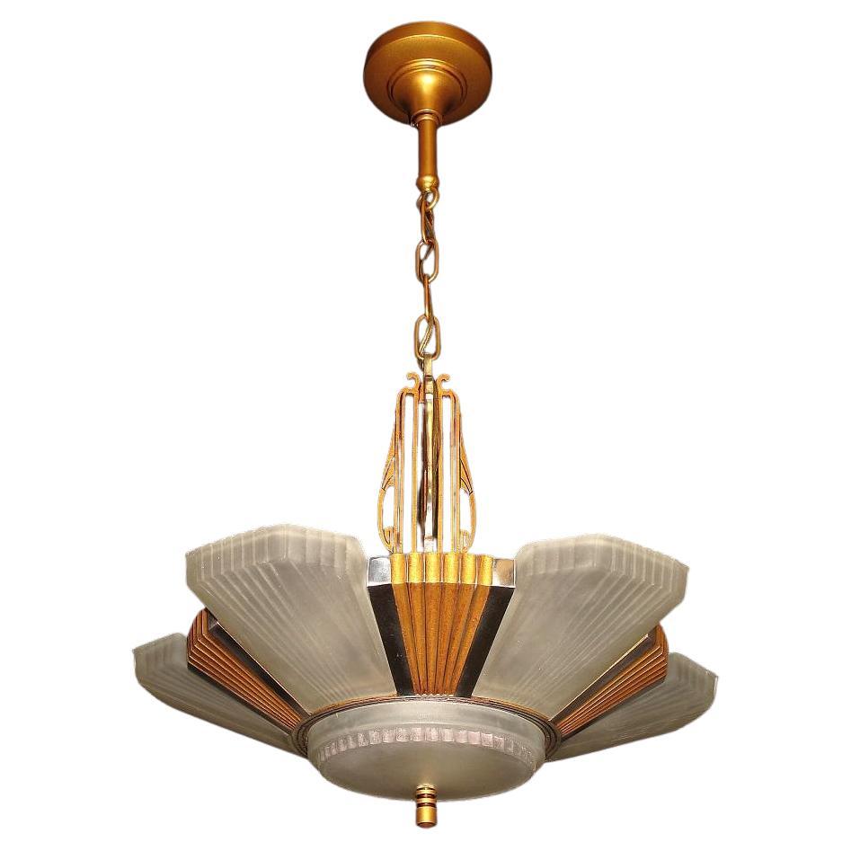 Mid Century Brass Chandelier with Curved Glass Shade at 1stDibs