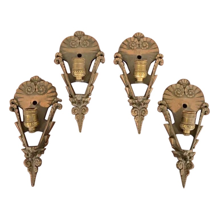 1930s Mid-West Art Deco Bronze Soleure Wall Sconces, Set of Four For Sale
