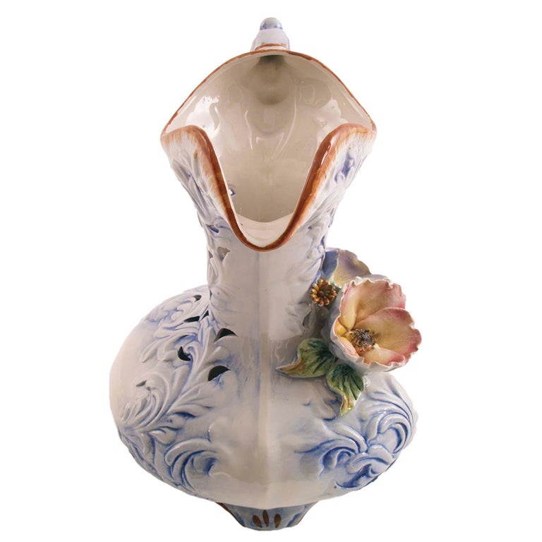 Polychromed 1930s Midcentury Baroque Large Italy Capodimonte Porcelain Pitcher For Sale