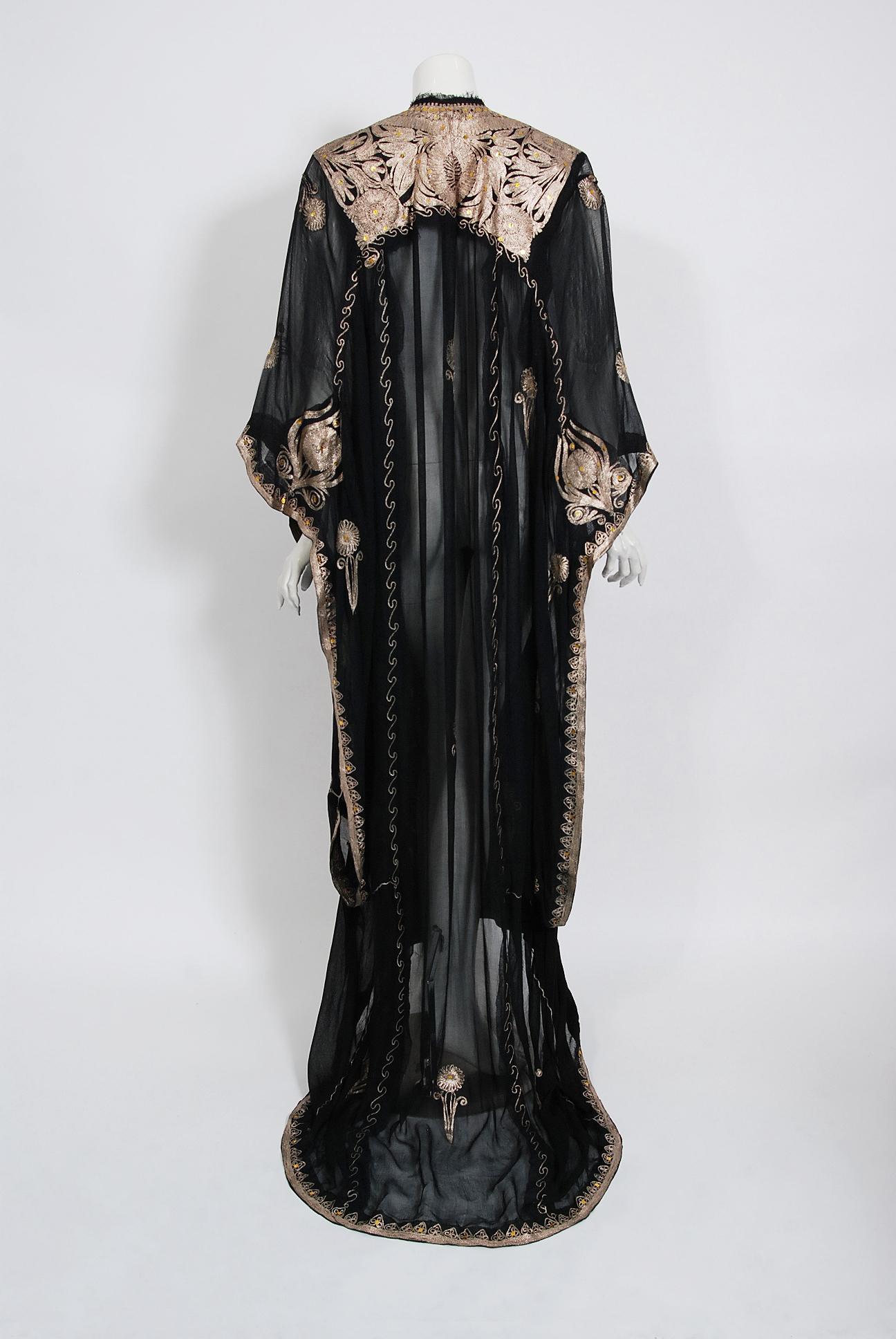 Vintage 1930's Metallic Gold Embroidered Sheer Black Silk Chiffon Couture Caftan 3