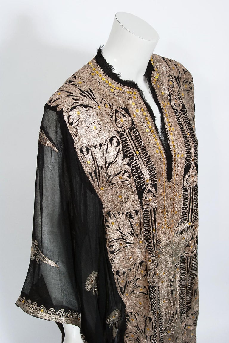 Women's or Men's Vintage 1930's Metallic Gold Embroidered Sheer Black Silk-Chiffon Couture Caftan For Sale