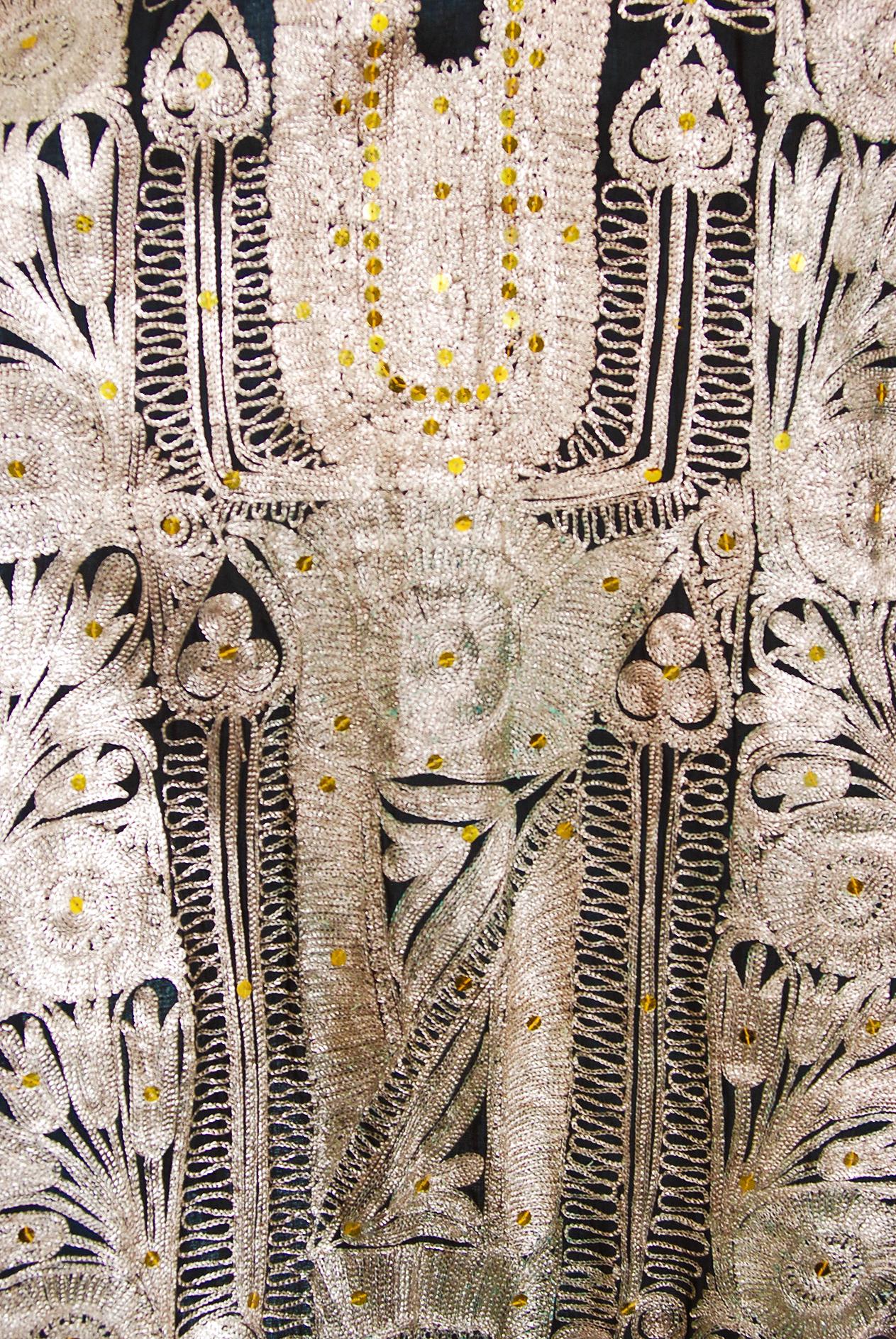 Vintage 1930's Metallic Gold Embroidered Sheer Black Silk Chiffon Couture Caftan In Good Condition In Beverly Hills, CA