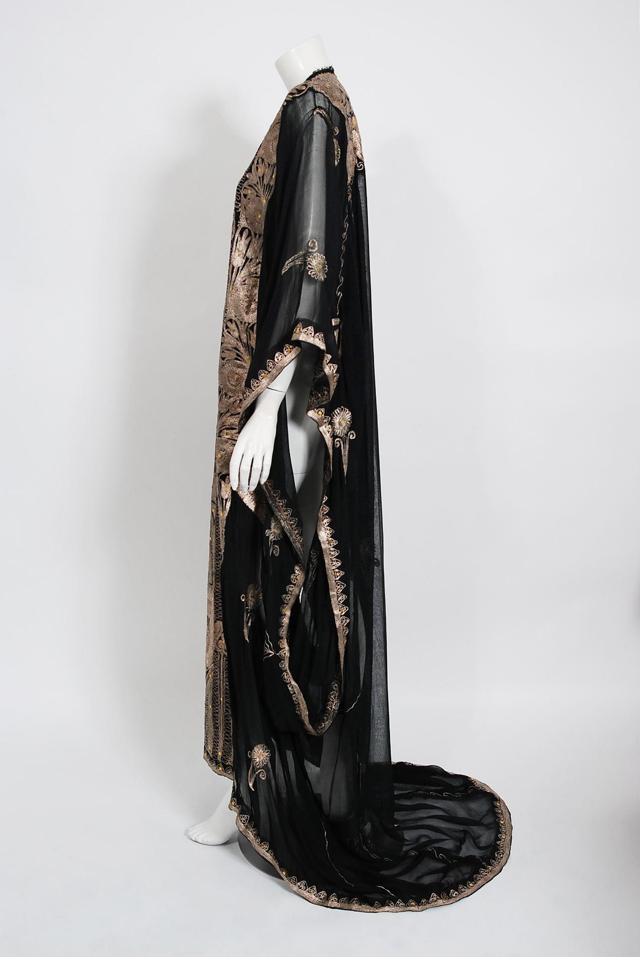Women's or Men's Vintage 1930's Metallic Gold Embroidered Sheer Black Silk Chiffon Couture Caftan