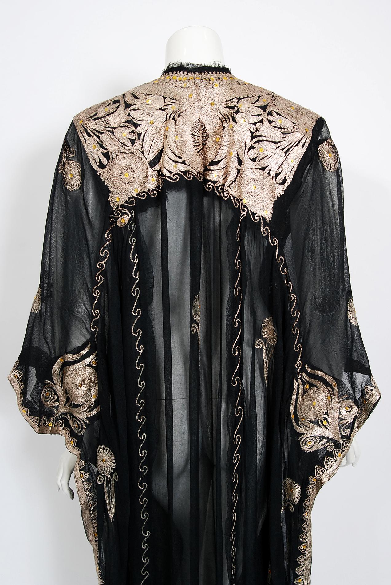 Vintage 1930's Metallic Gold Embroidered Sheer Black Silk Chiffon Couture Caftan 2