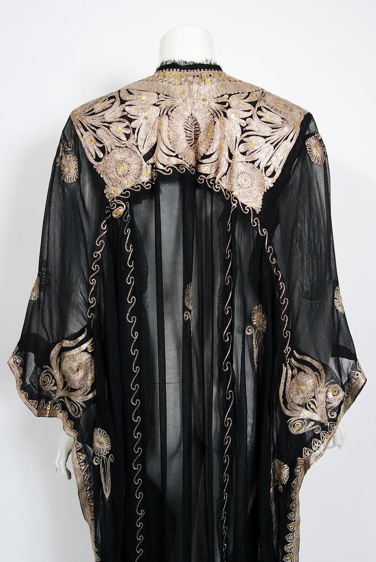 Vintage 1930's Metallic Gold Embroidered Sheer Black Silk-Chiffon Couture Caftan For Sale 5