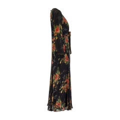 1930s Midnight Blue Long Sleeved Floral Georgette Maxi Dress