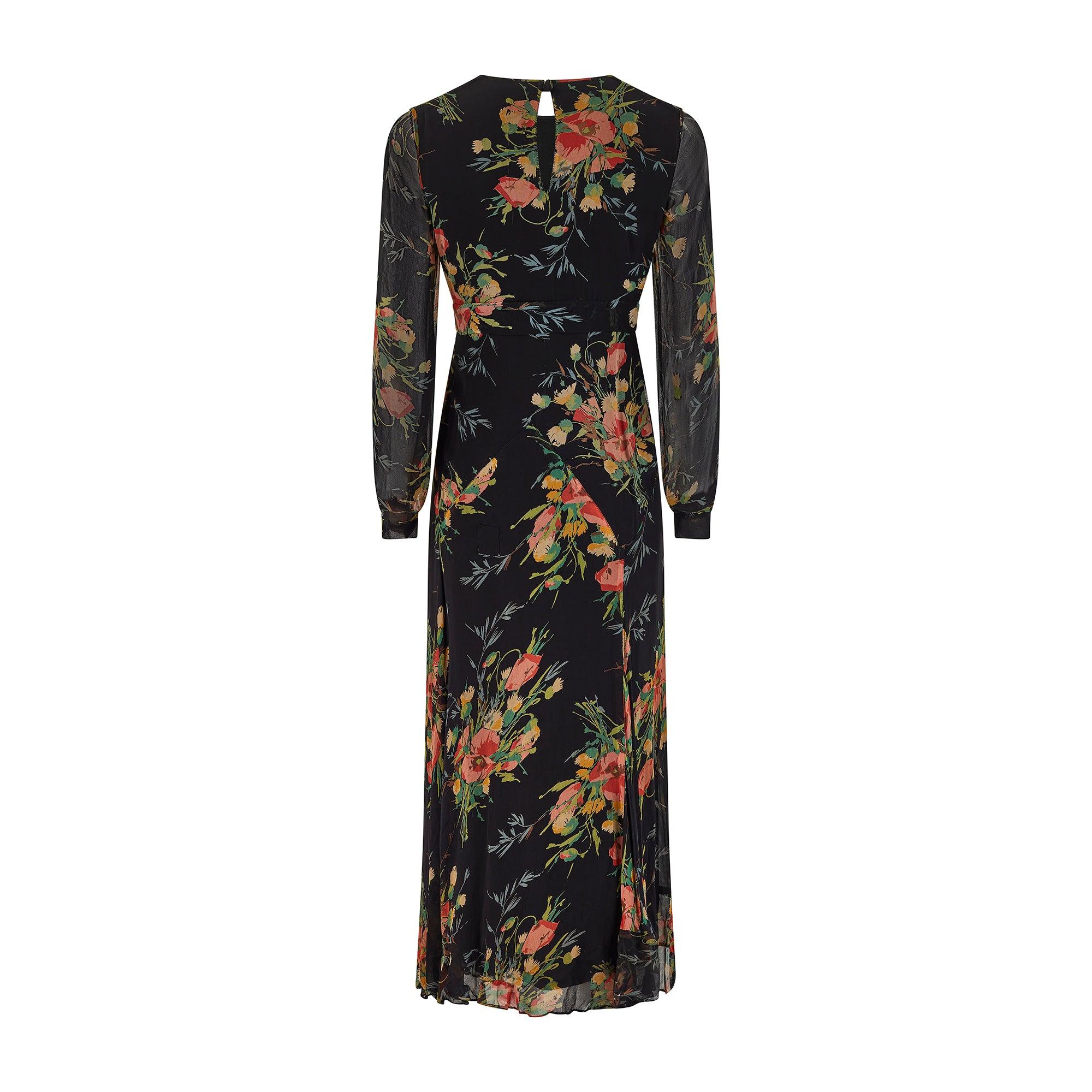 Nero Maxi abito in georgette floreale a maniche lunghe blu notte anni '30 in vendita