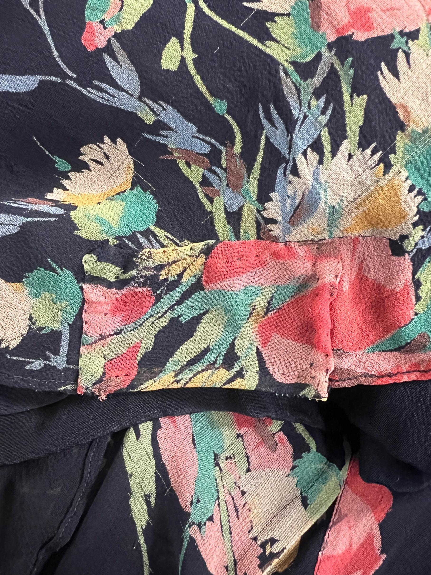 Donna Maxi abito in georgette floreale a maniche lunghe blu notte anni '30 in vendita