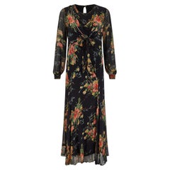 1930s Midnight Blue Long Sleeved Floral Georgette Maxi Dress