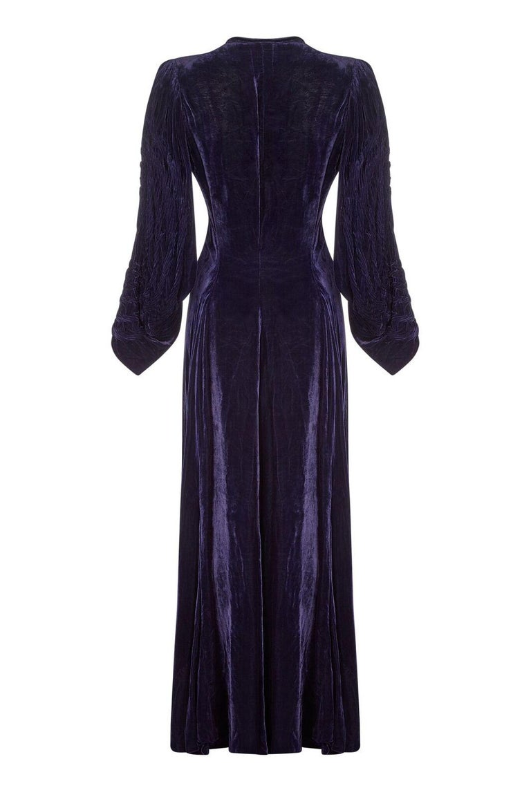 1930s Midnight Blue Velvet Gown With Ornate Chord Embroidery at 1stDibs