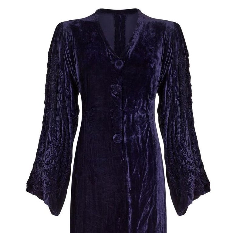 1930s Midnight Blue Velvet Gown With Ornate Chord Embroidery at 1stDibs