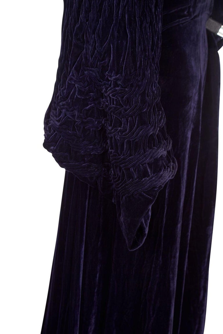 1930s Midnight Blue Velvet Gown With Ornate Chord Embroidery at 1stDibs