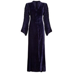 Vintage 1930s Midnight Blue Velvet Gown With Ornate Chord Embroidery 