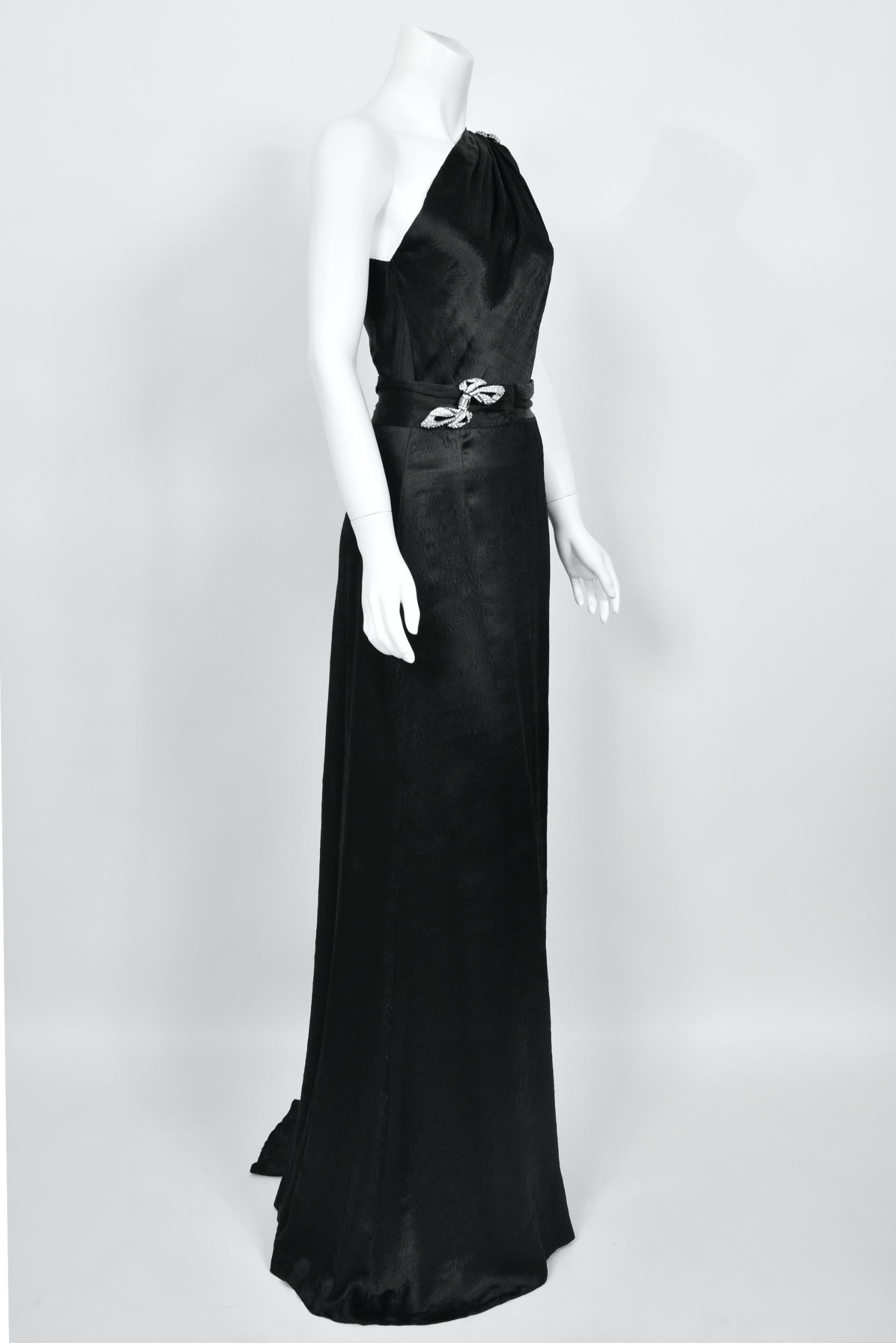 1930's Milgrim Couture Black Silk Rhinestone Deco-Bows Asymmetric Trained Gown For Sale 6