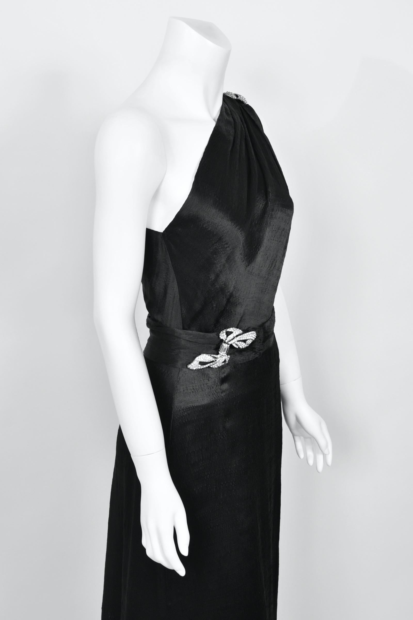 1930's Milgrim Couture Black Silk Rhinestone Deco-Bows Asymmetric Trained Gown For Sale 7