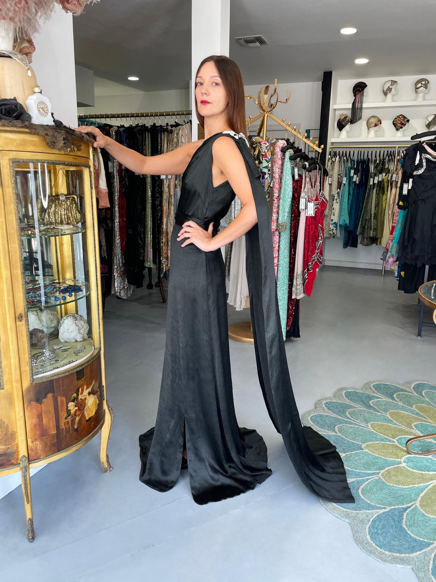 Women's 1930's Milgrim Couture Black Silk Rhinestone Deco-Bows Asymmetric Trained Gown For Sale