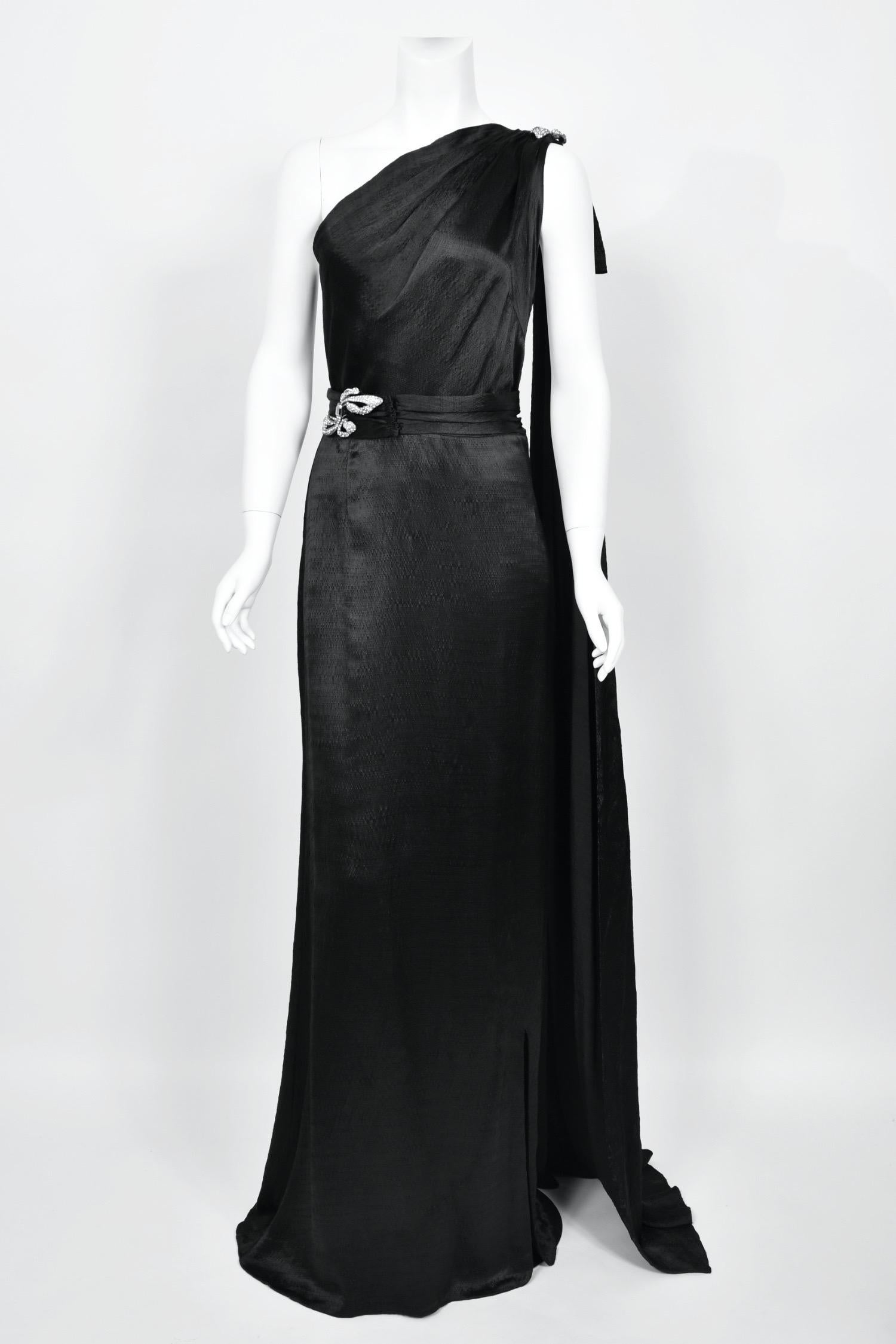 1930's Milgrim Couture Black Silk Rhinestone Deco-Bows Asymmetric Trained Gown For Sale 1