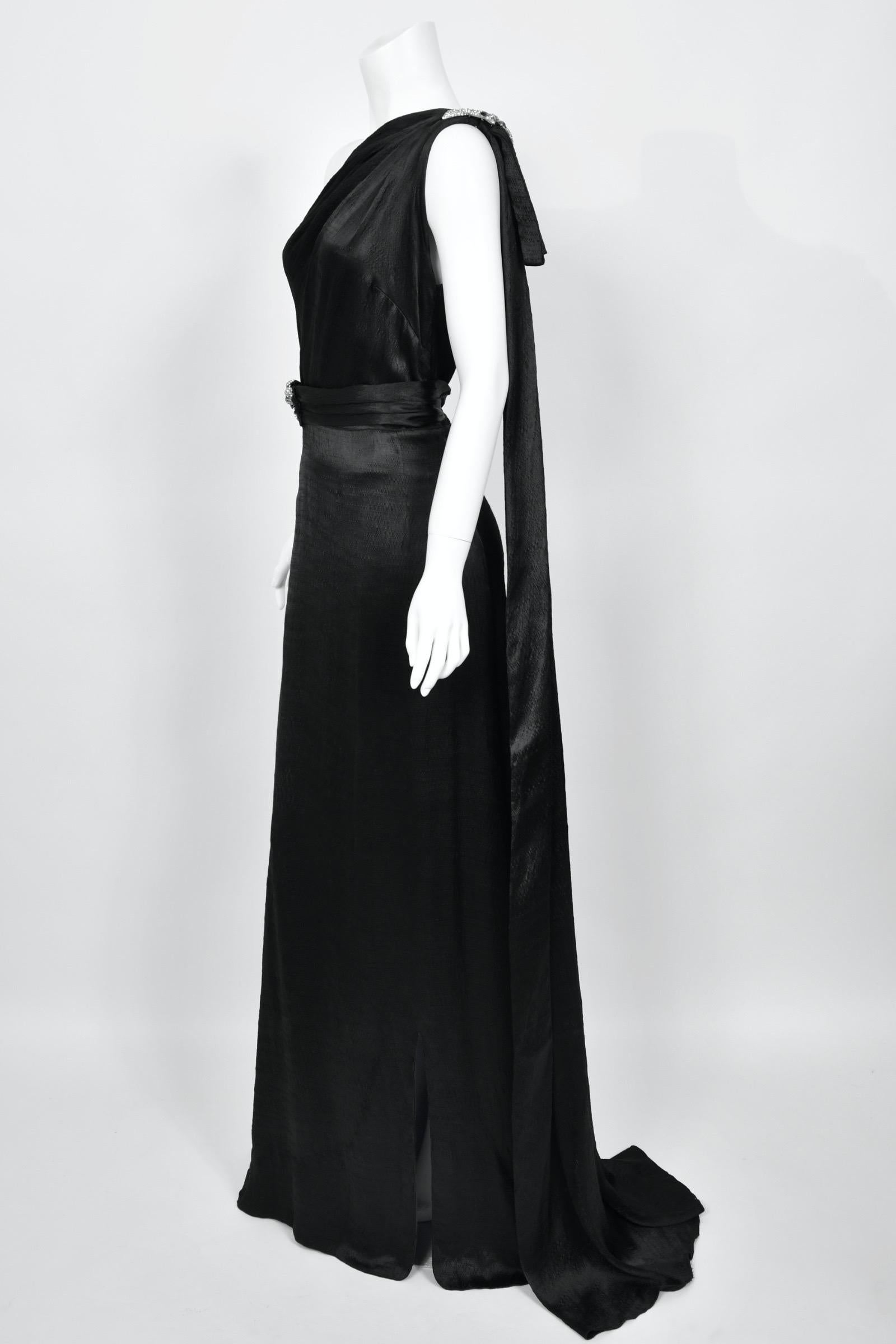 1930's Milgrim Couture Black Silk Rhinestone Deco-Bows Asymmetric Trained Gown For Sale 3