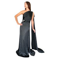 1930's Milgrim Couture Black Silk Rhinestone Deco-Bows Asymmetric Trained Gown