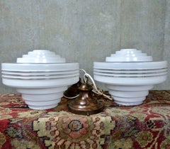 1930s Milk Glass Ceiling Pendants with ‘Saturn’ Rings