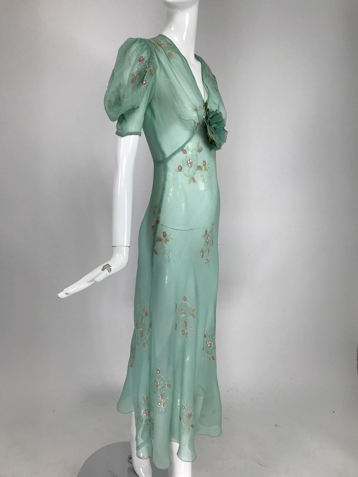1930s Mint Green Sheer Silk Chiffon Hand Embroidered Bias Cut Maxi Dress Vintage In Good Condition In West Palm Beach, FL