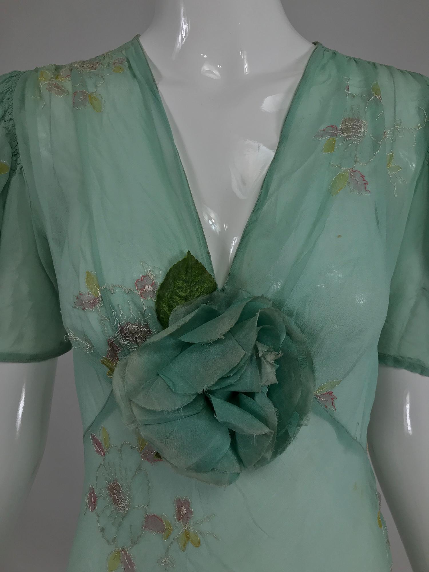 Women's 1930s Mint Green Sheer Silk Chiffon Hand Embroidered Bias Cut Maxi Dress Vintage