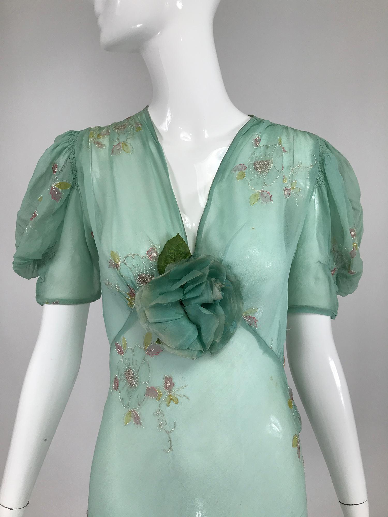 1930s Mint Green Sheer Silk Chiffon Hand Embroidered Bias Cut Maxi Dress Vintage 1