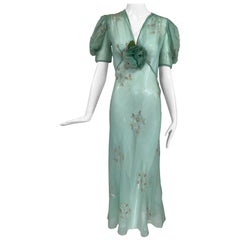 1930s Mint Green Sheer Silk Chiffon Hand Embroidered Bias Cut Maxi Dress Vintage