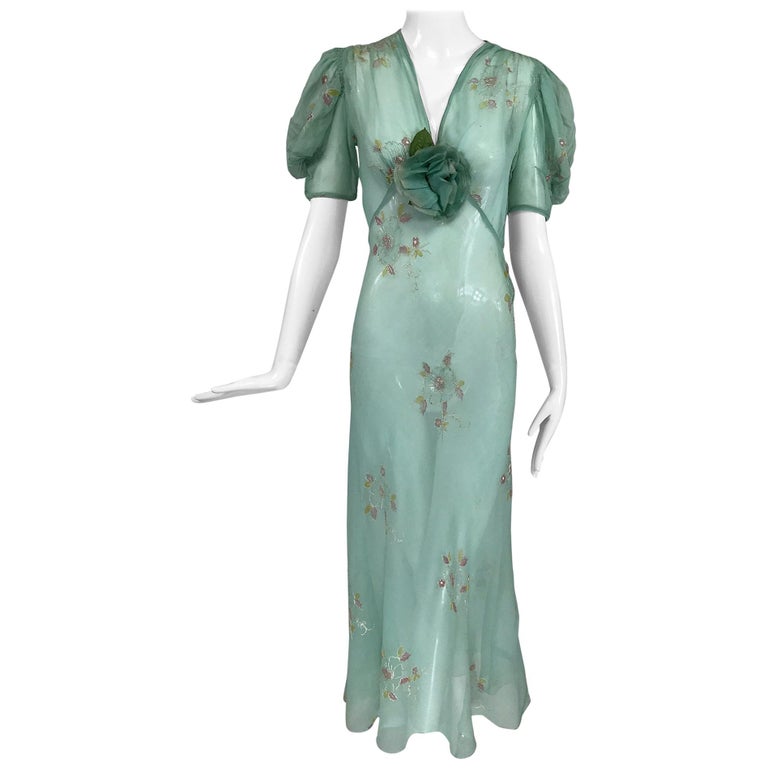 1930s Mint Green Sheer Silk Chiffon Hand Embroidered Bias Cut Maxi 