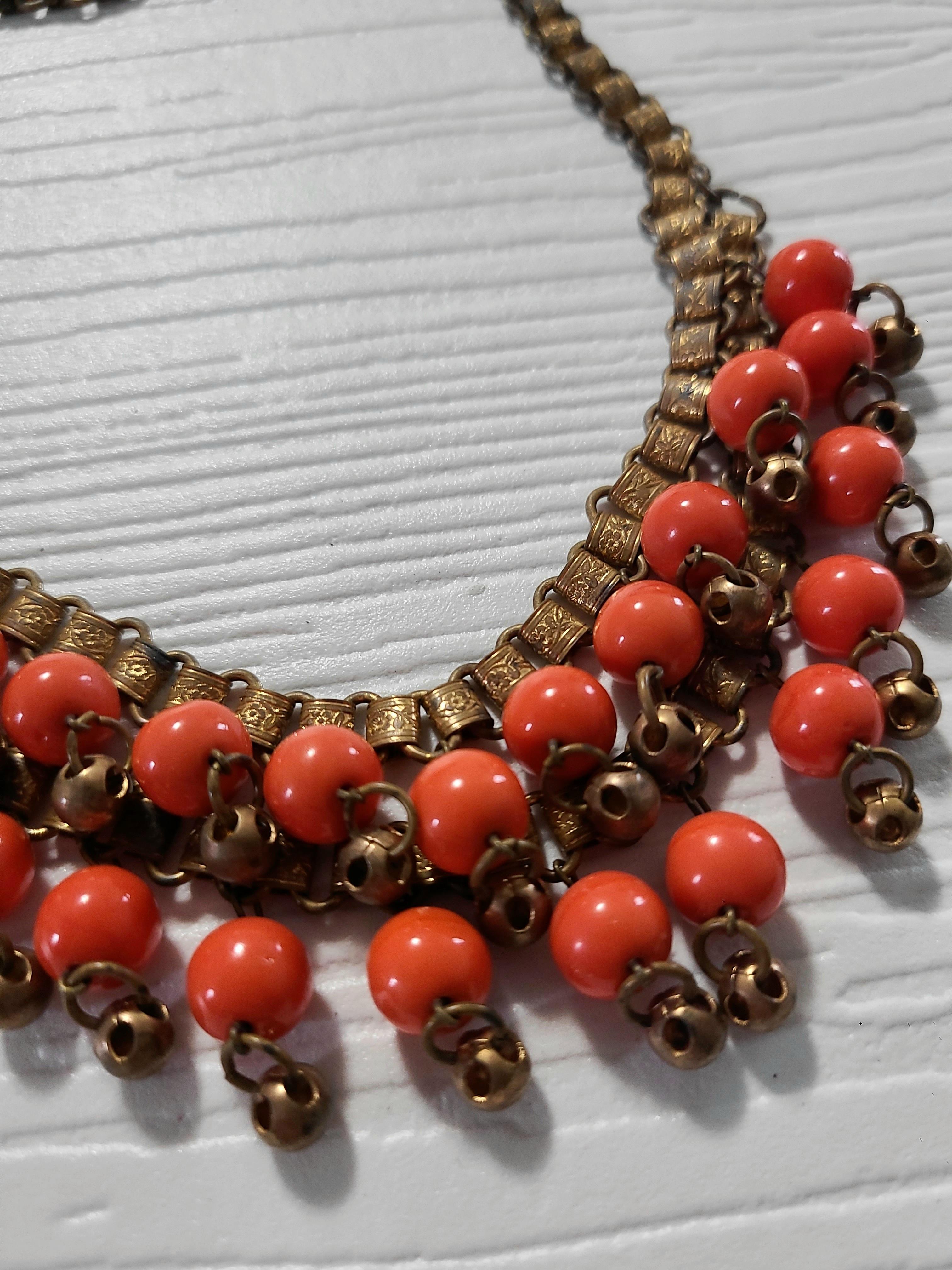 Art Deco 1930s Miriam Haskell Persimmon Dangling Bead Bib Necklace & Earring Set For Sale