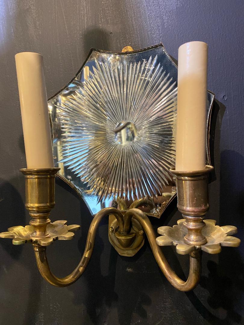 1930's Etched Mirror Sconces with Two Lights In Good Condition For Sale In New York, NY