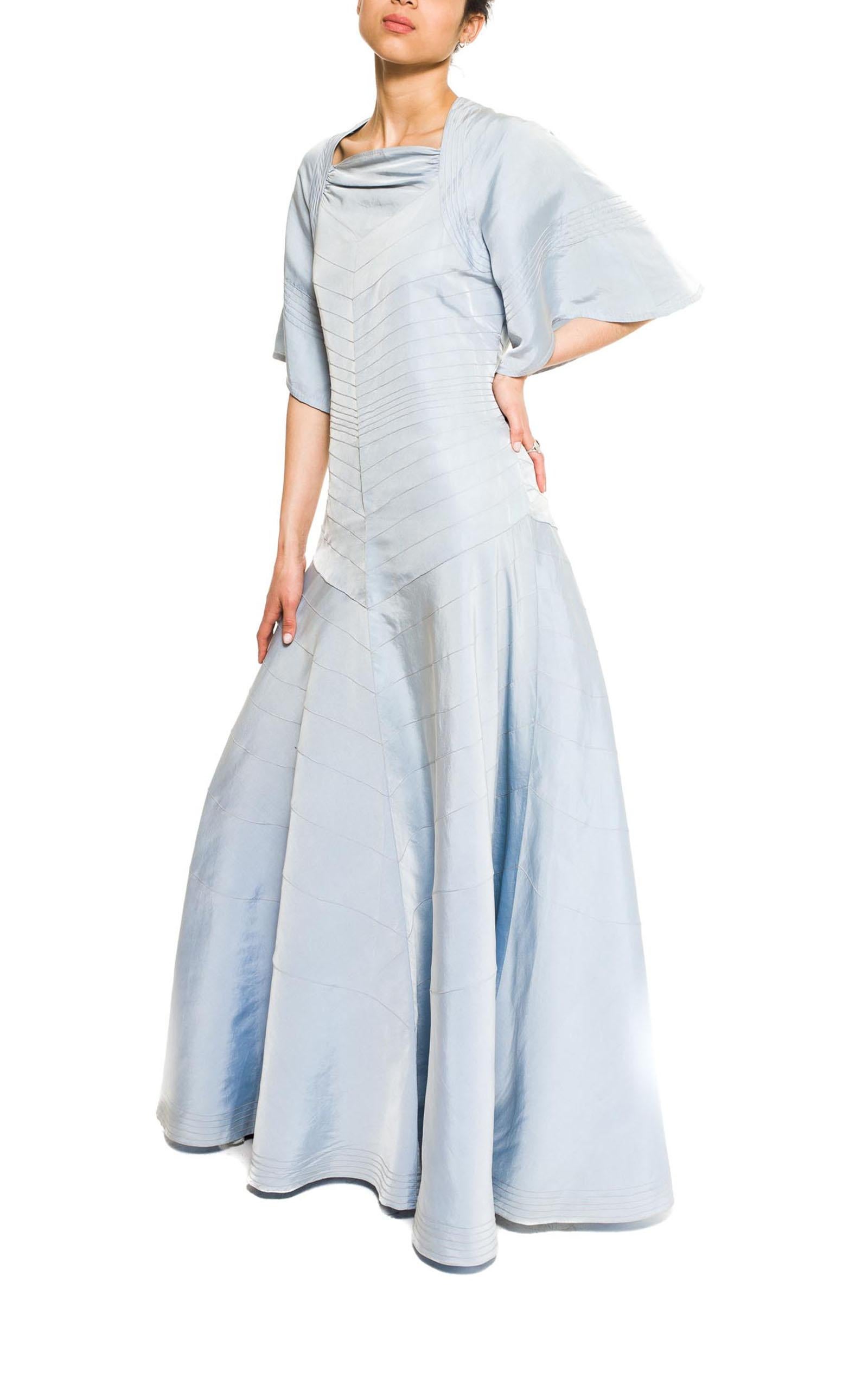1930S MME JEANNE Baby Blue Haute Couture Silk Satin Art Deco Seamed Gown From L In Excellent Condition For Sale In New York, NY