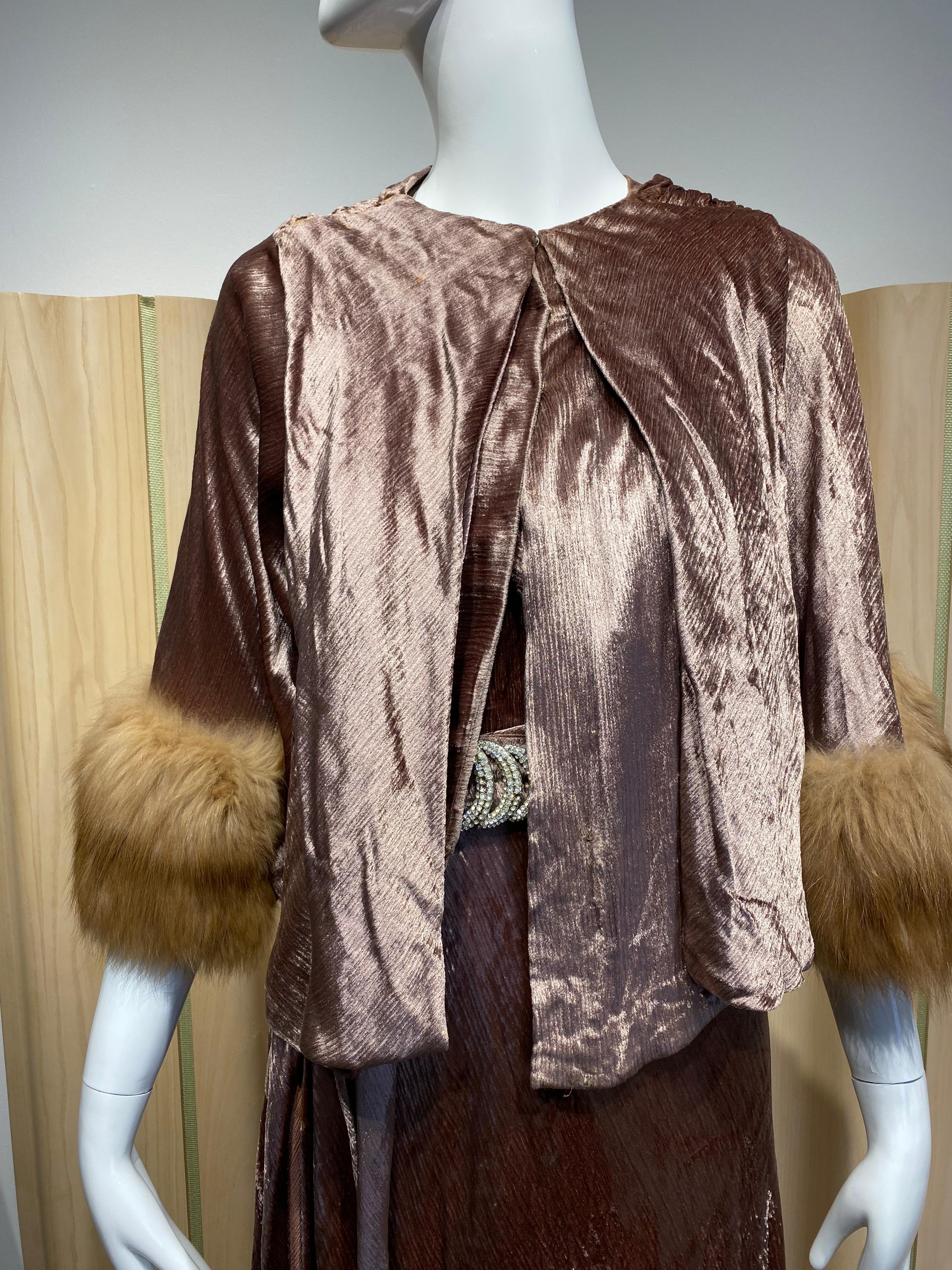 1930s Mocha Brown Velvet Dress with Capelet For Sale 1