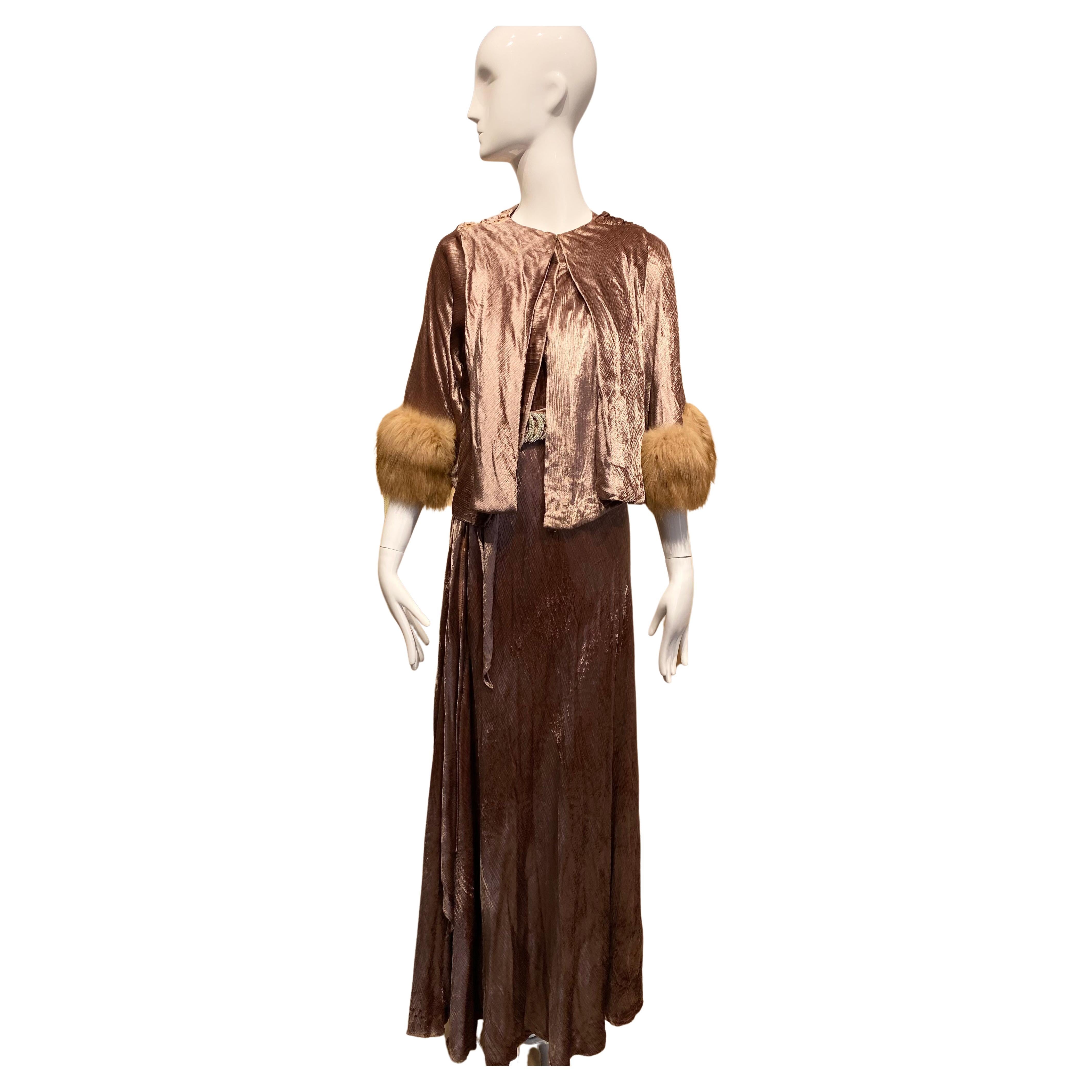 1930s Mocha Brown Velvet Dress with Capelet For Sale