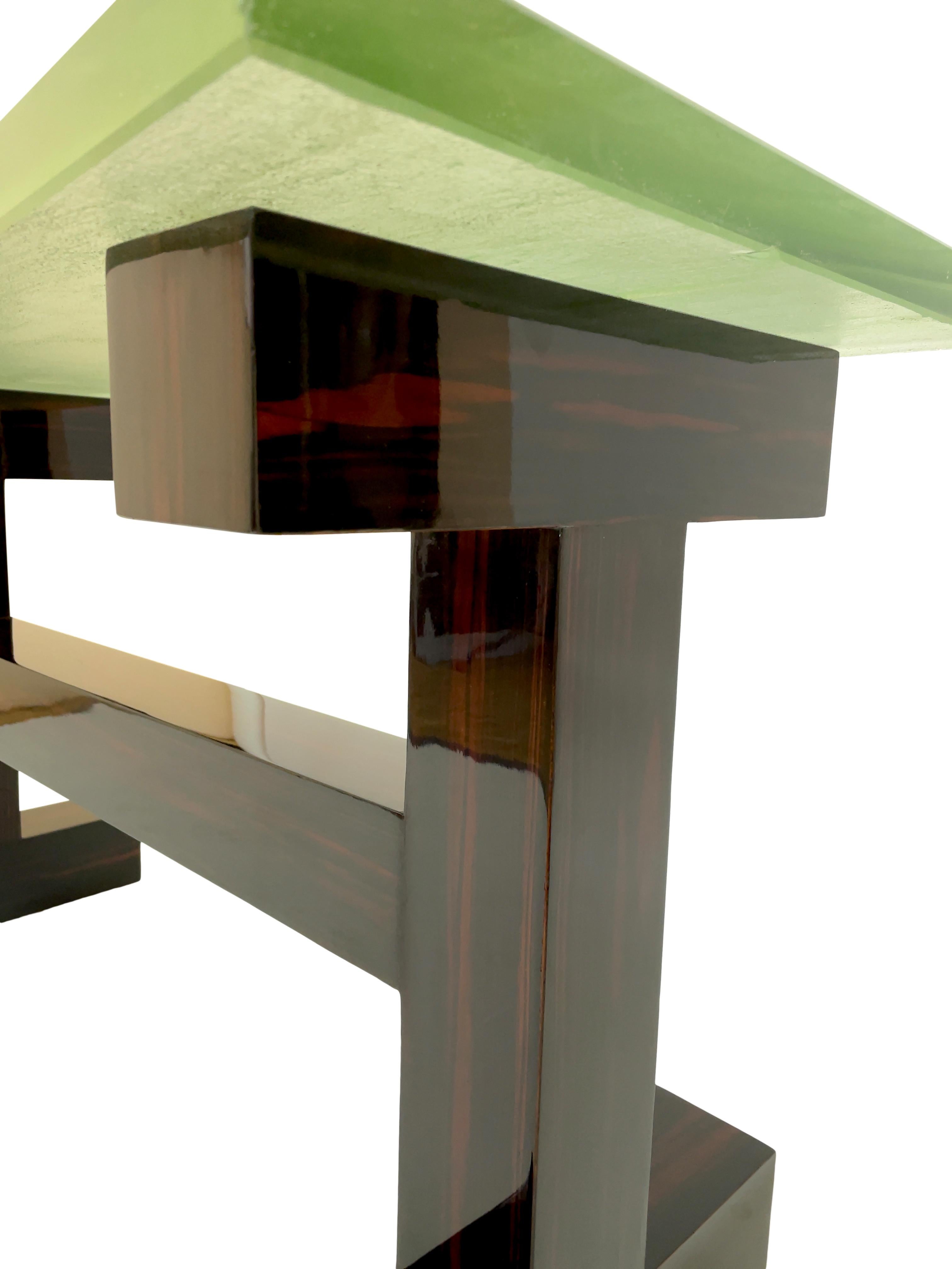 Table console Art déco moderniste des années 1930 en bois de macassar et plateau en verre épais en vente 2