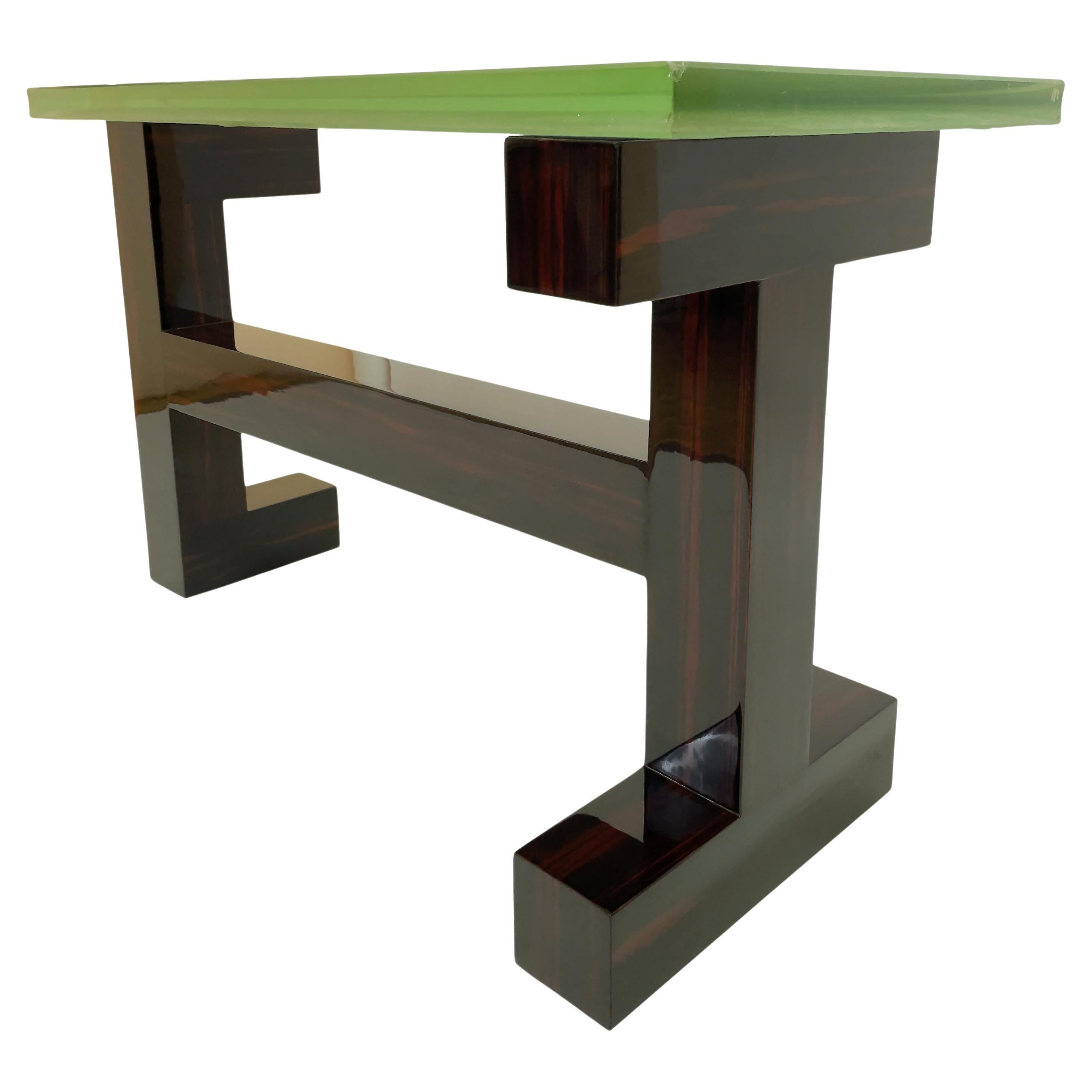 Table console Art déco moderniste des années 1930 en bois de macassar et plateau en verre épais