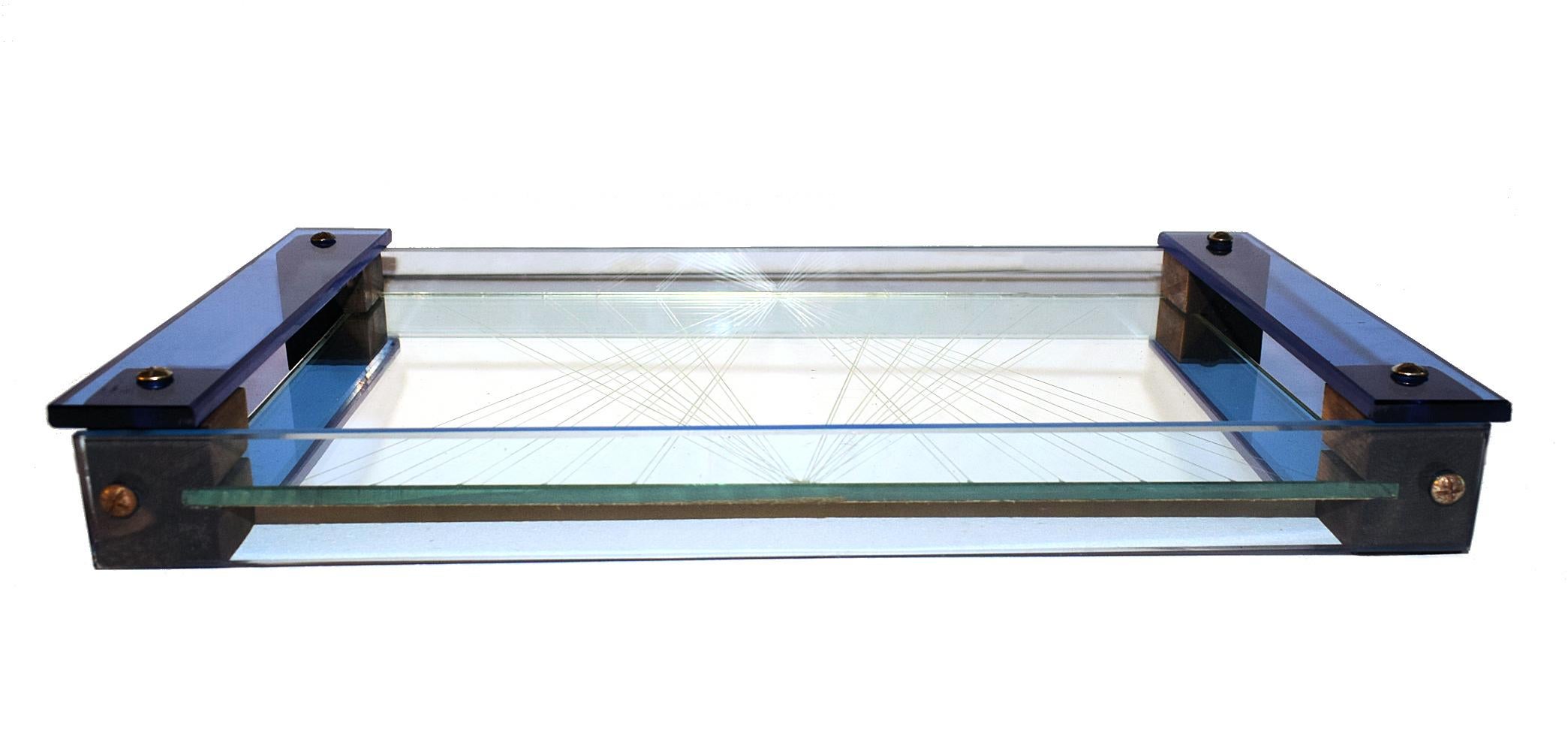 Metal 1930s Modernist Art Deco French Blue Glass Tray