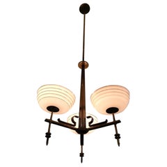 Vintage 1930s Modernist Art Deco Polished Brass Three Cream Shade Chandelier Pendant