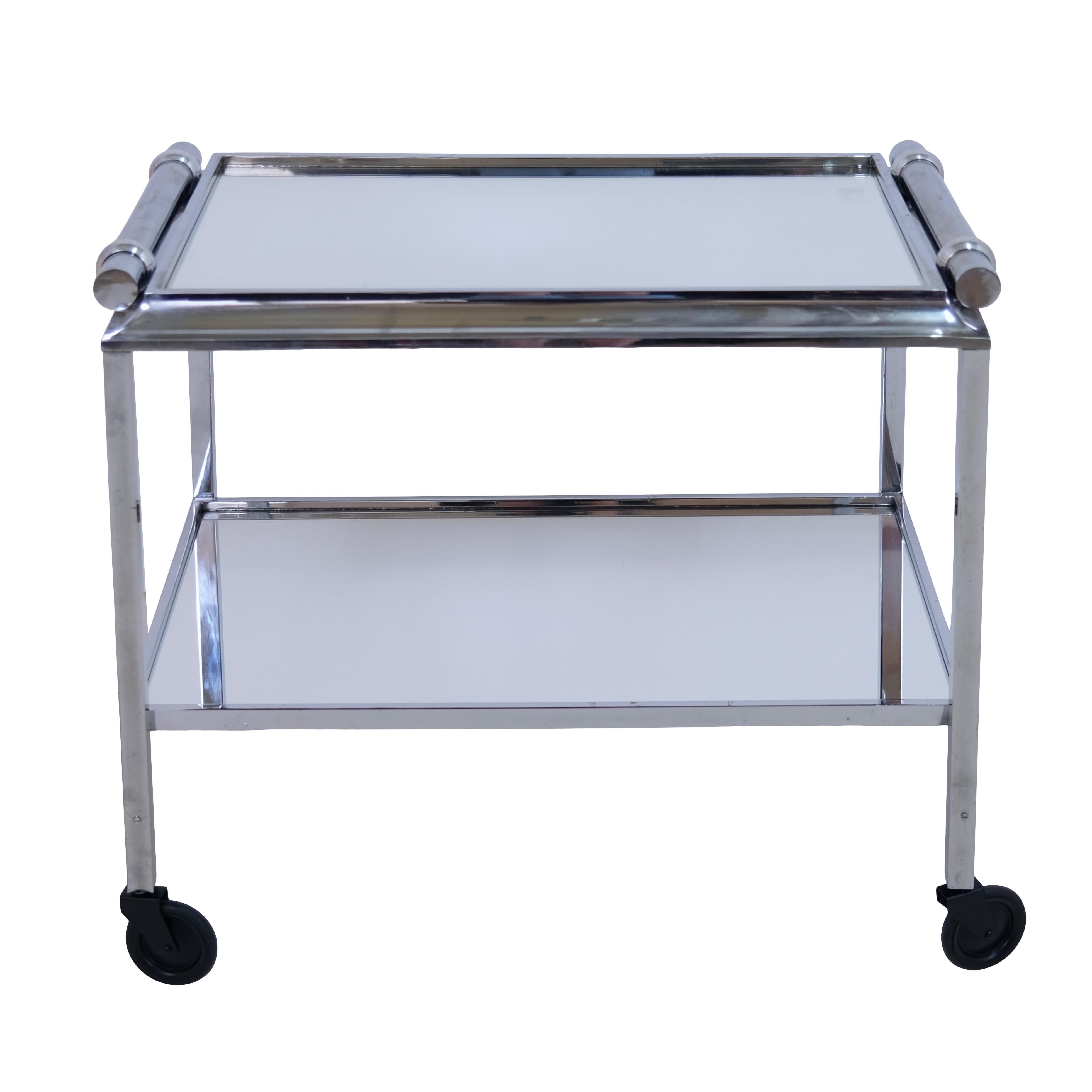 Polished 1930's Modernist Chromed Art Deco Bar Cart with Mirrors and Cylindrical Handles For Sale