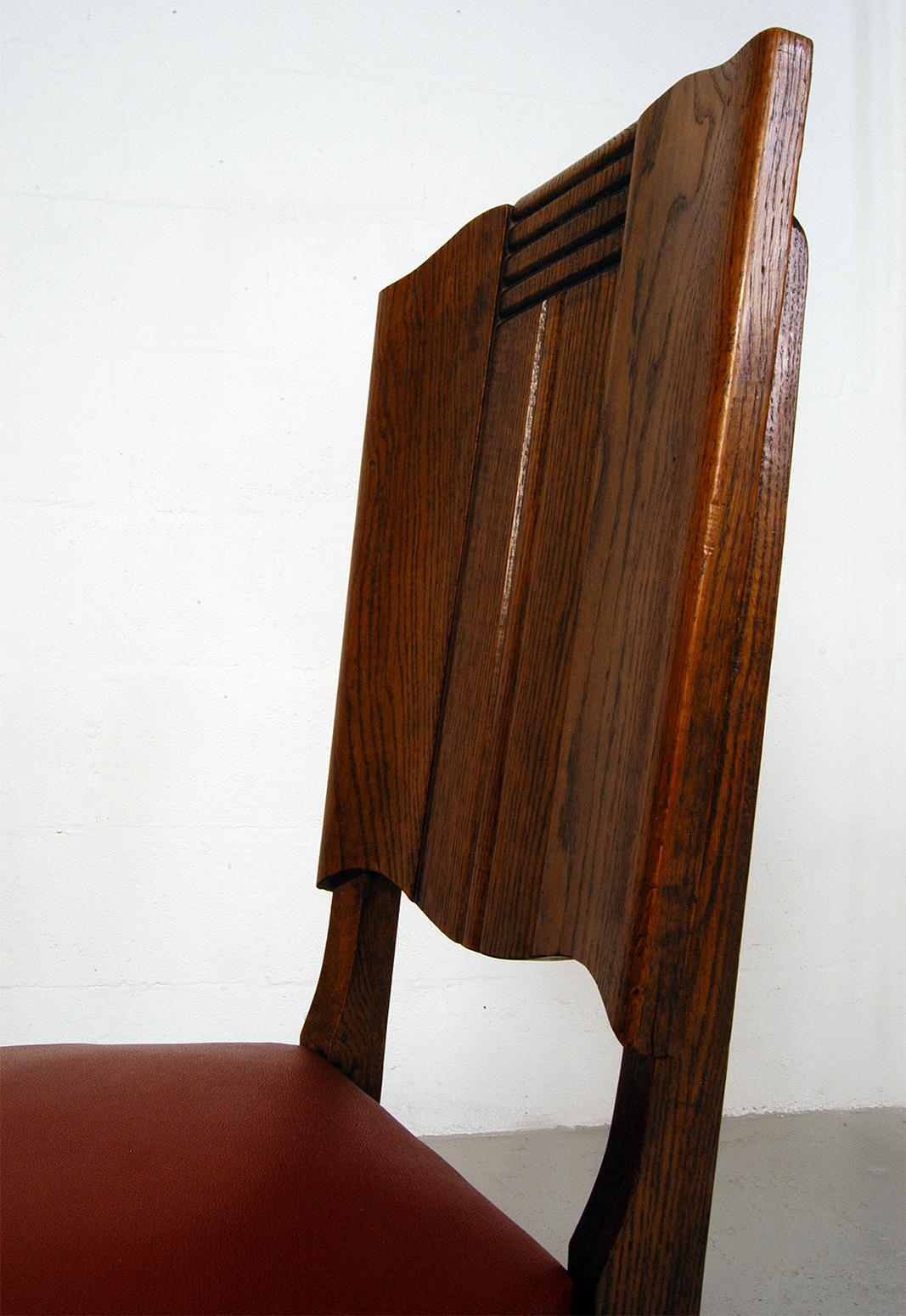 1930s 40s Modernist set of Six French Art Deco Oak Dining Chairs Charles Dudouyt For Sale 5