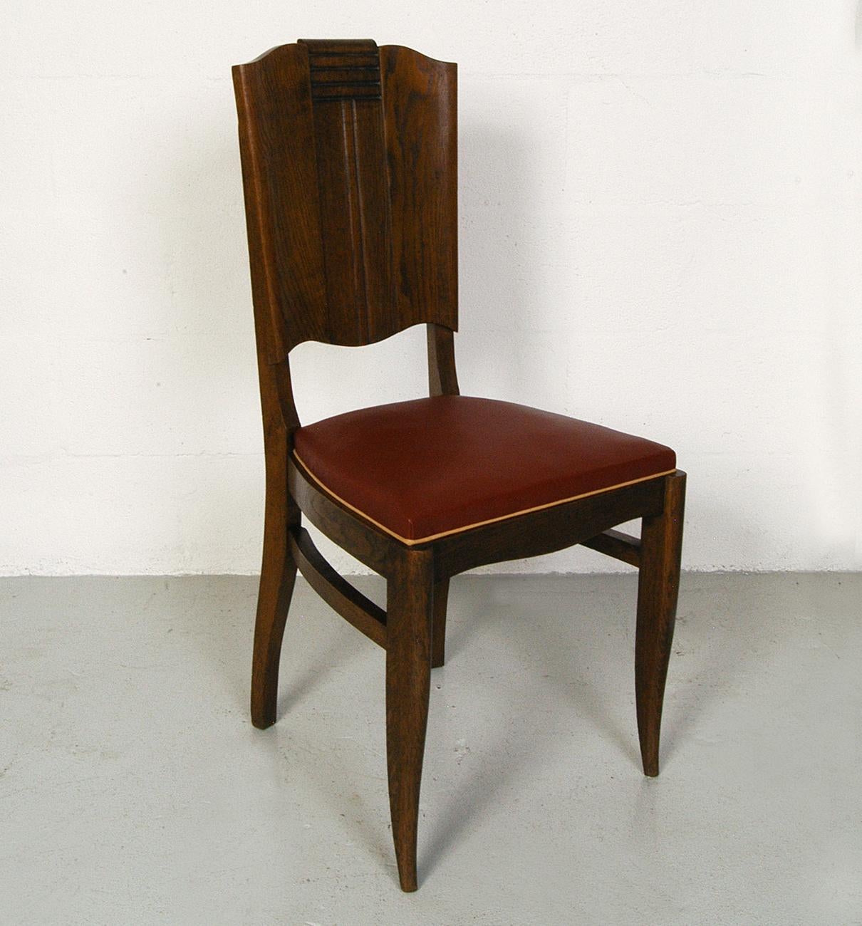 Art déco 1930s 40s Modernist set of Six French Art Deco Oak Dining Chairs Charles Dudouyt en vente