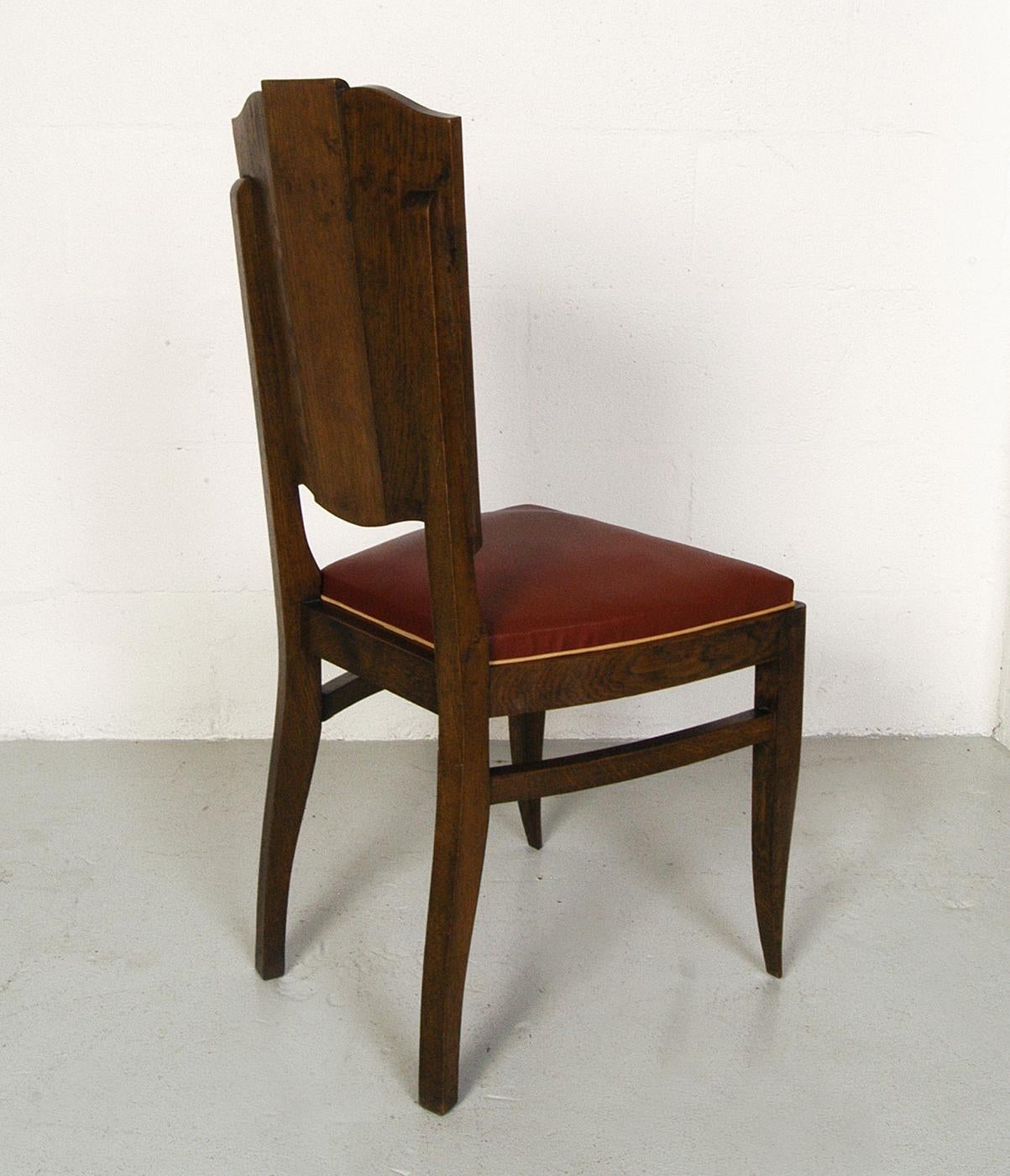 Français 1930s 40s Modernist set of Six French Art Deco Oak Dining Chairs Charles Dudouyt en vente