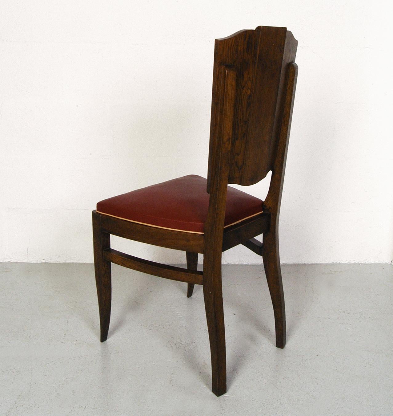 20ième siècle 1930s 40s Modernist set of Six French Art Deco Oak Dining Chairs Charles Dudouyt en vente