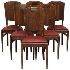 Vintage 1930s 40s Modernist set of Six French Art Deco Oak Dining Chairs Charles Dudouyt