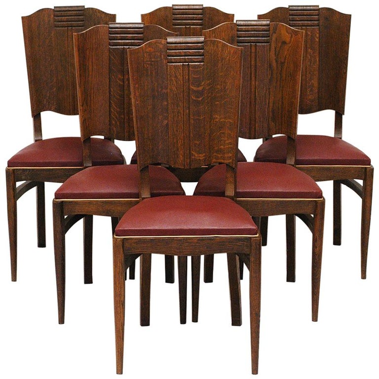 1930S 40S Modernist Set Of Six French Art Deco Oak Dining Chairs Charles  Dudouyt For Sale At 1Stdibs