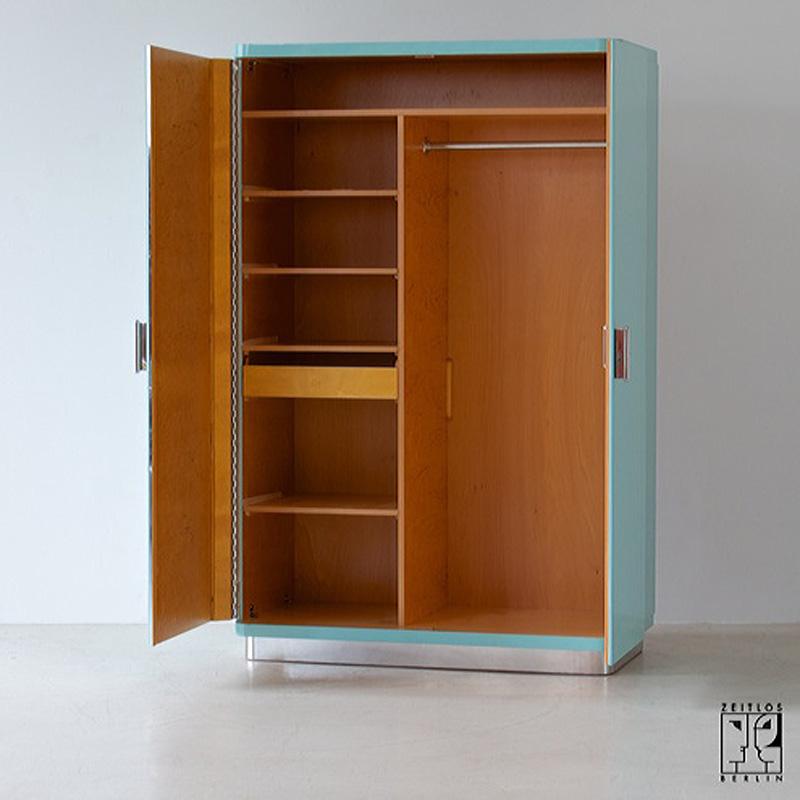 This classic modernist  wardrobe  offered by ZEITLOS-BERLIN is an original from the 1930s. 
The cabinet was refurbished according to our specifications by restorers who are still working in the tradition and quality of the 1930th era. We chose an
