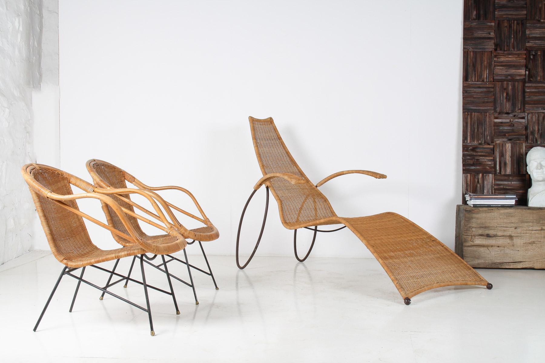 1930 Modernista Marco de Hierro Forjado Sol de Mimbre Chaise Longer con Brazos + Reposapiés en venta 10