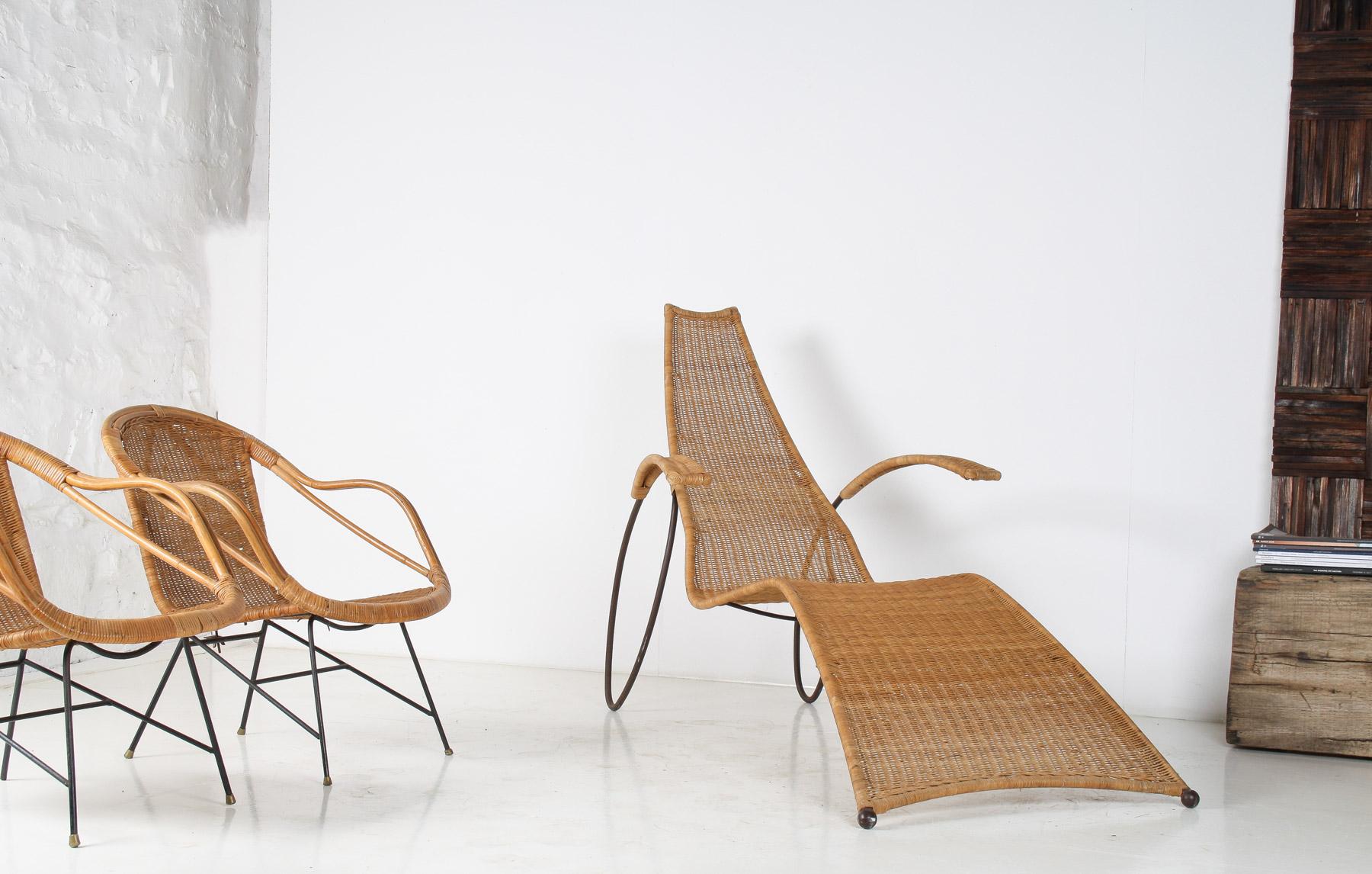 1930 Modernista Marco de Hierro Forjado Sol de Mimbre Chaise Longer con Brazos + Reposapiés en venta 11