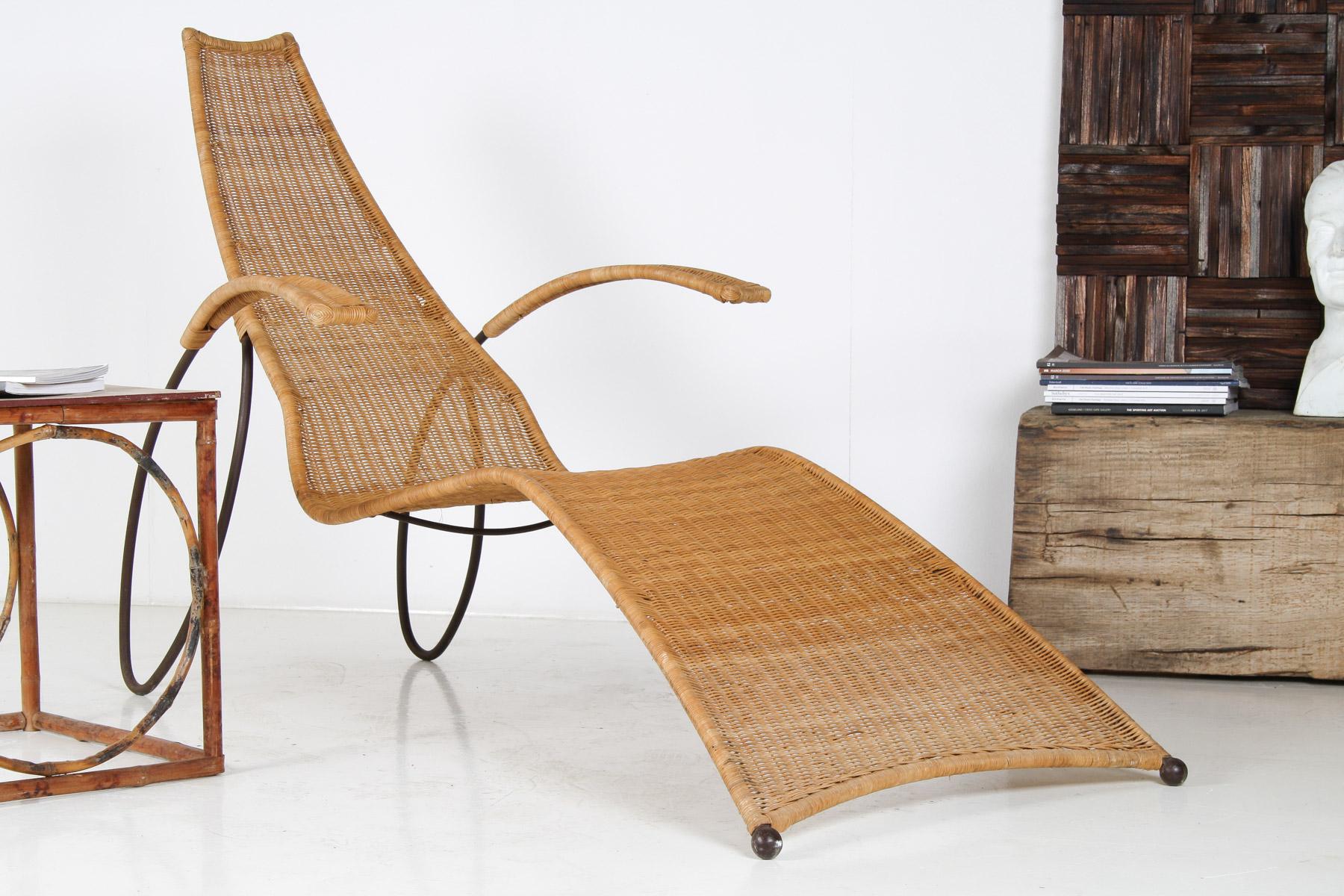 1930 Modernista Marco de Hierro Forjado Sol de Mimbre Chaise Longer con Brazos + Reposapiés en Bueno estado para la venta en Llanbrynmair, GB